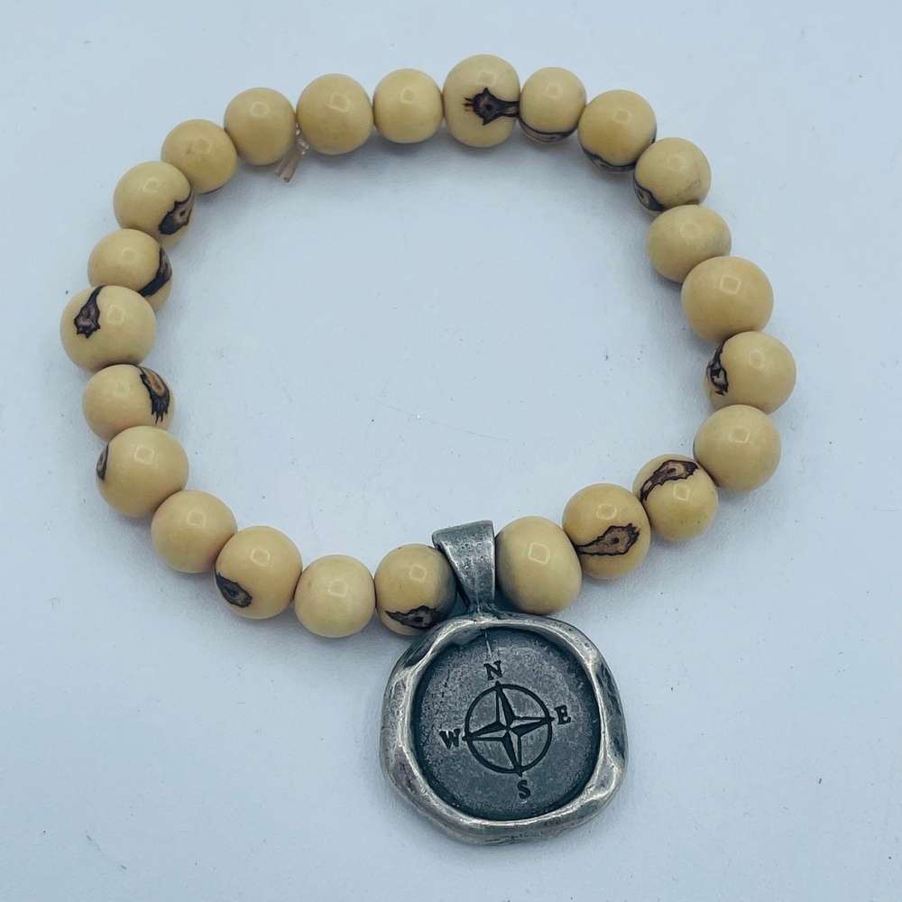 Acai Seeds of Life Bracelet w/ Wax Pewter Seal SEEK & Compass  Beige Beads